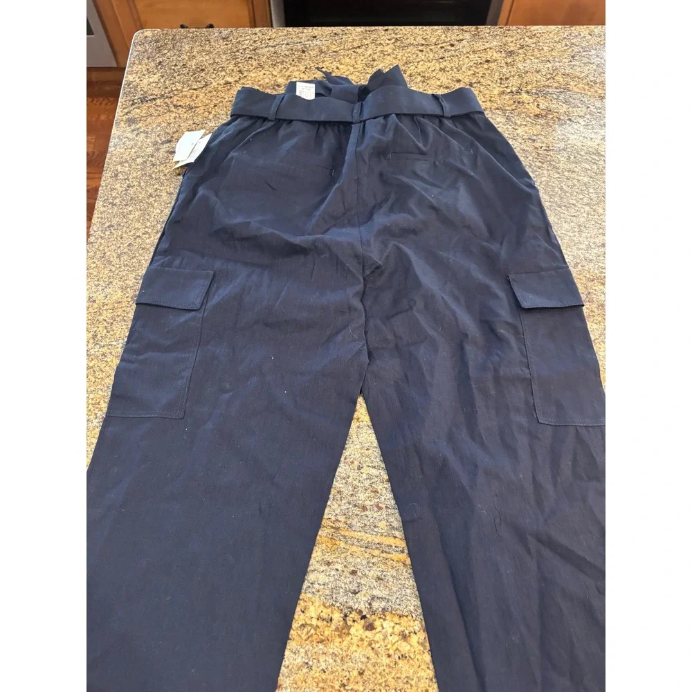 NWT Zara Linen Blend Cargo Pants Tie Waist Relaxed Fit Cropped Blue‎ Small